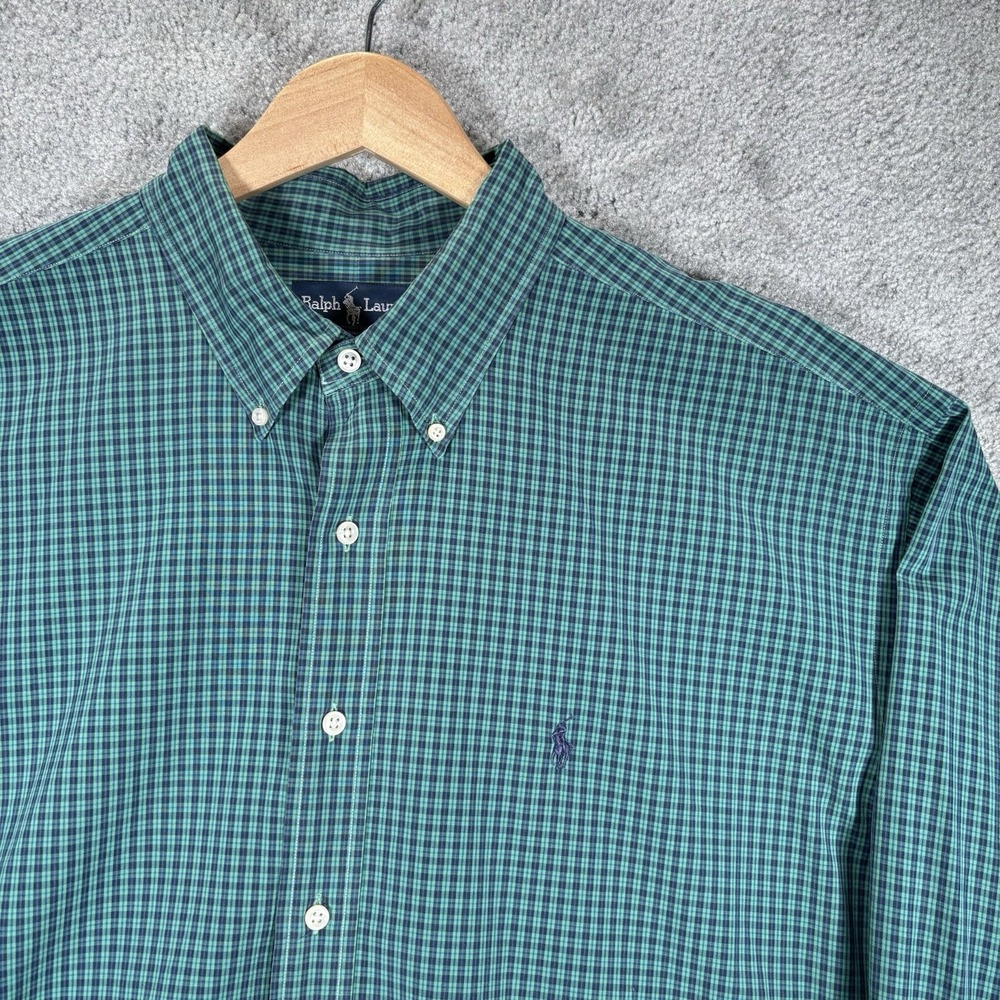 Vintage Polo Ralph Lauren Blake Shirt Mens 2XL Teal Green Plaid Long Sleeve 90s